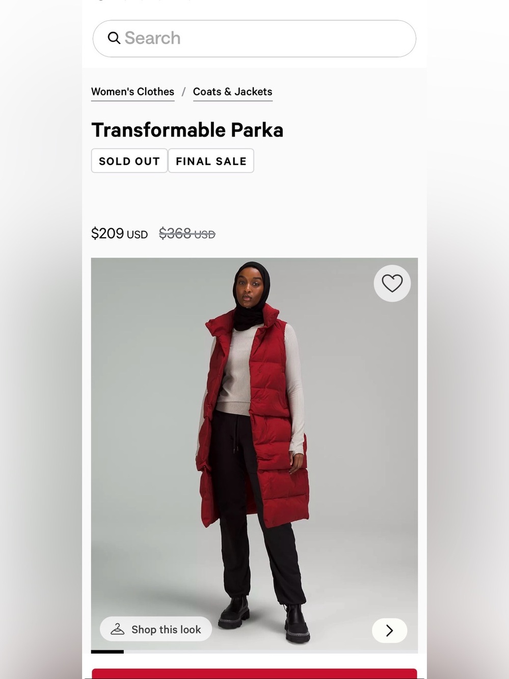 NWT Women’s LULULEMON Transformable Down Parka Vest, sz 6